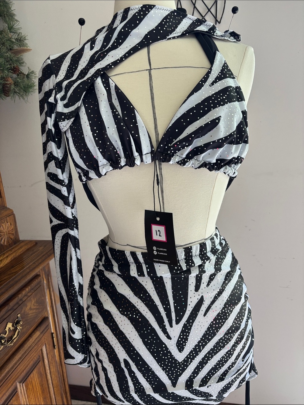 Zebra-Print Two-Piece Skirt Set — Black & White